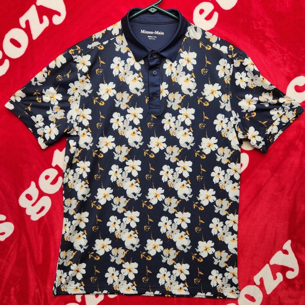 Mizzen + Main Polo Shirt Mens Small Trim Fit Navy Floral Performance Stretch...